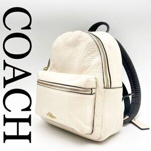 coach charlie backpack mini white color Campus in Chalk Pebble Leather with Bandana Essex Fashion House Coach care card included 6133 COACH Mini Charlie Backpack
